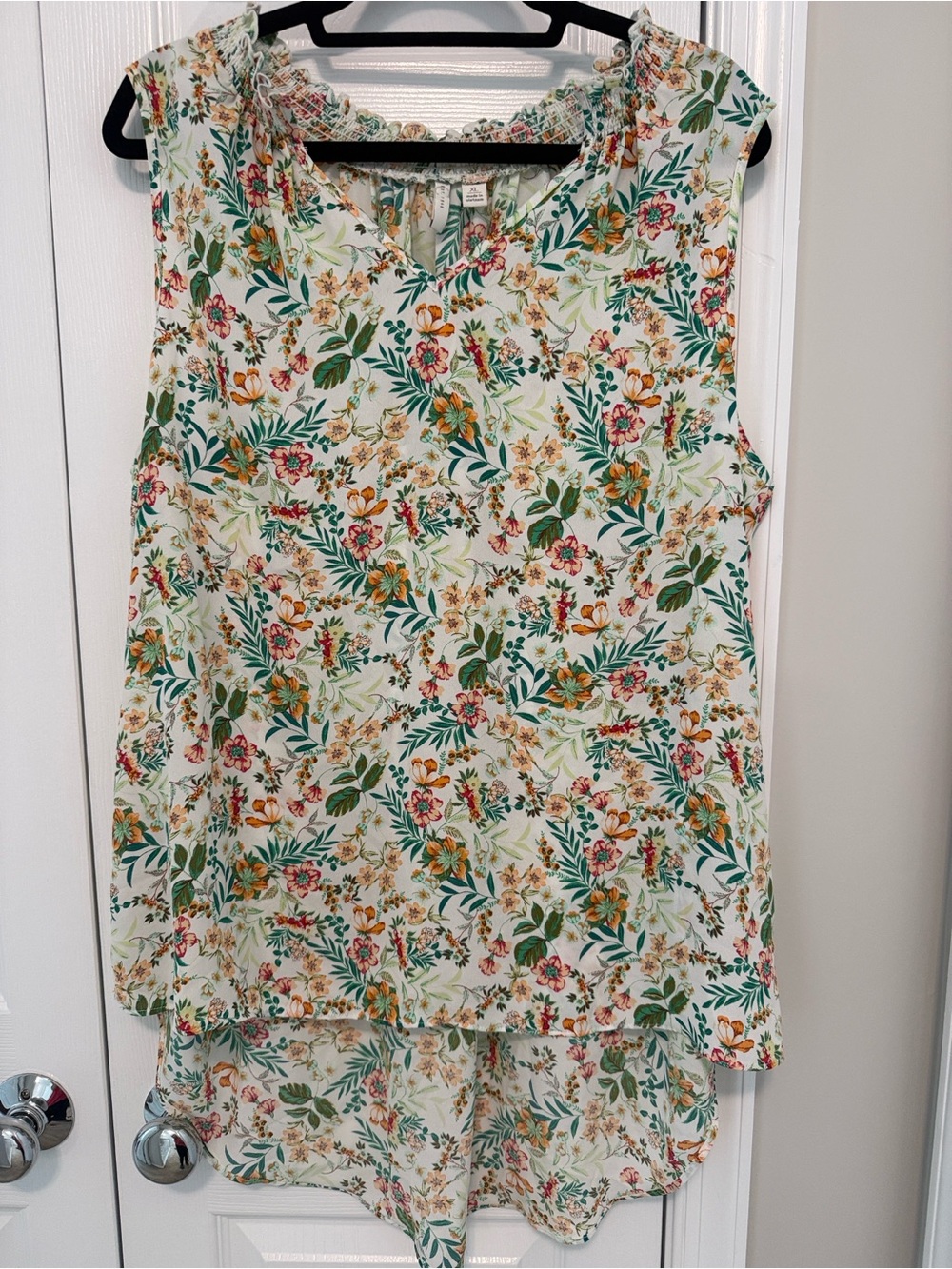 Floral Sleeveless High-Low Top - Cream with Green & Pink Print